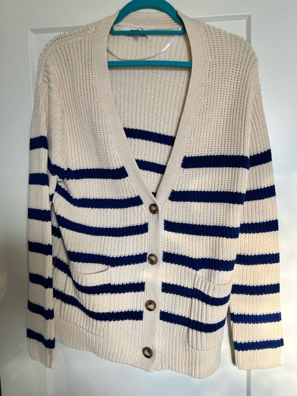 John + Jenn Cream and Blue Striped Button Cardigan
